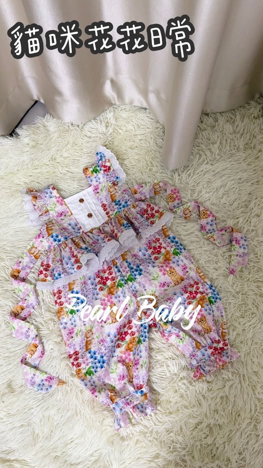 THAI❤︎ 珍珠貝比 PEARL BABY 260310泰國PBL手工飛袖波浪連身褲【L 407】貓咪花花日常(含髮夾) (S)