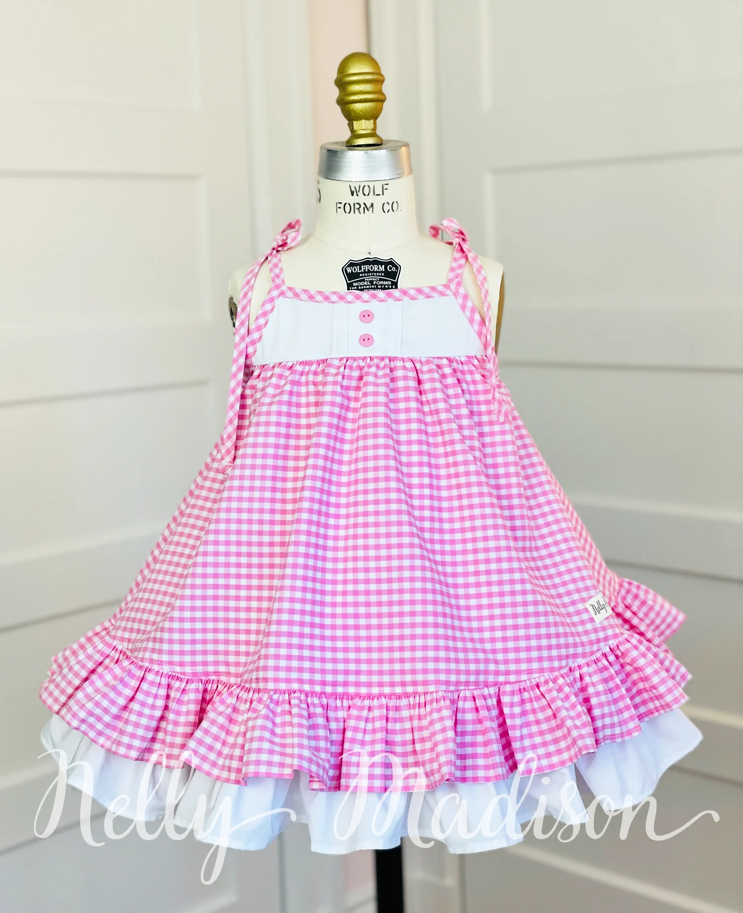 Nelly Madison 粉色格紋雙層綁帶洋 2T